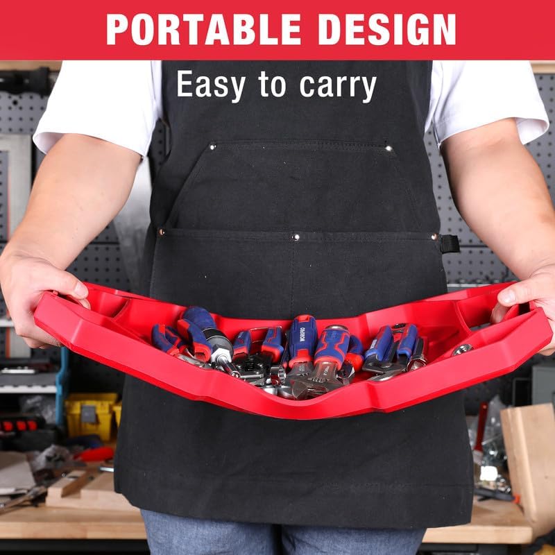 Red portable tool tray organizer held open with assorted hand tools inside