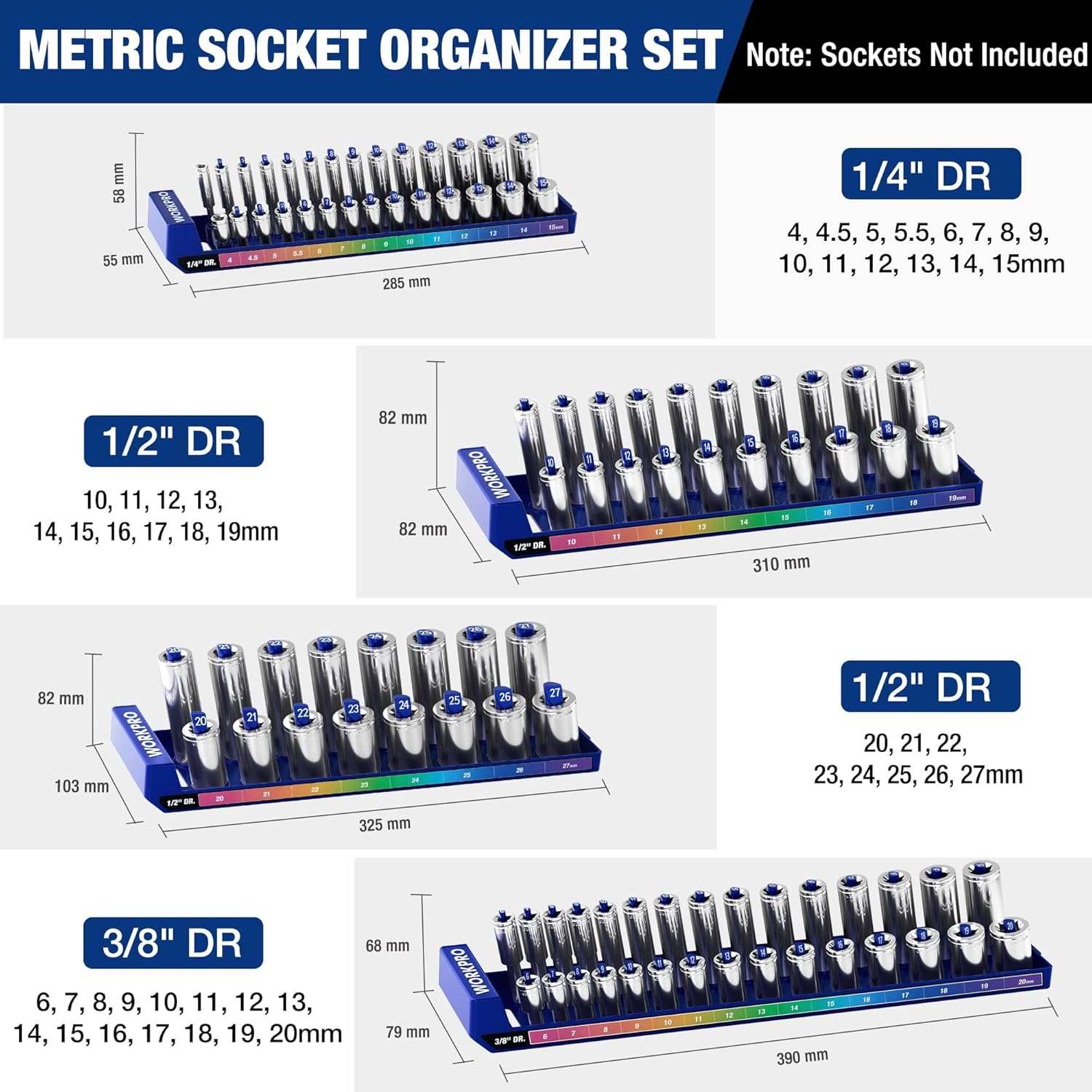 Metric socket organizer set diagram showing 1/4-inch, 1/2-inch, and 3/8-inch tray layouts