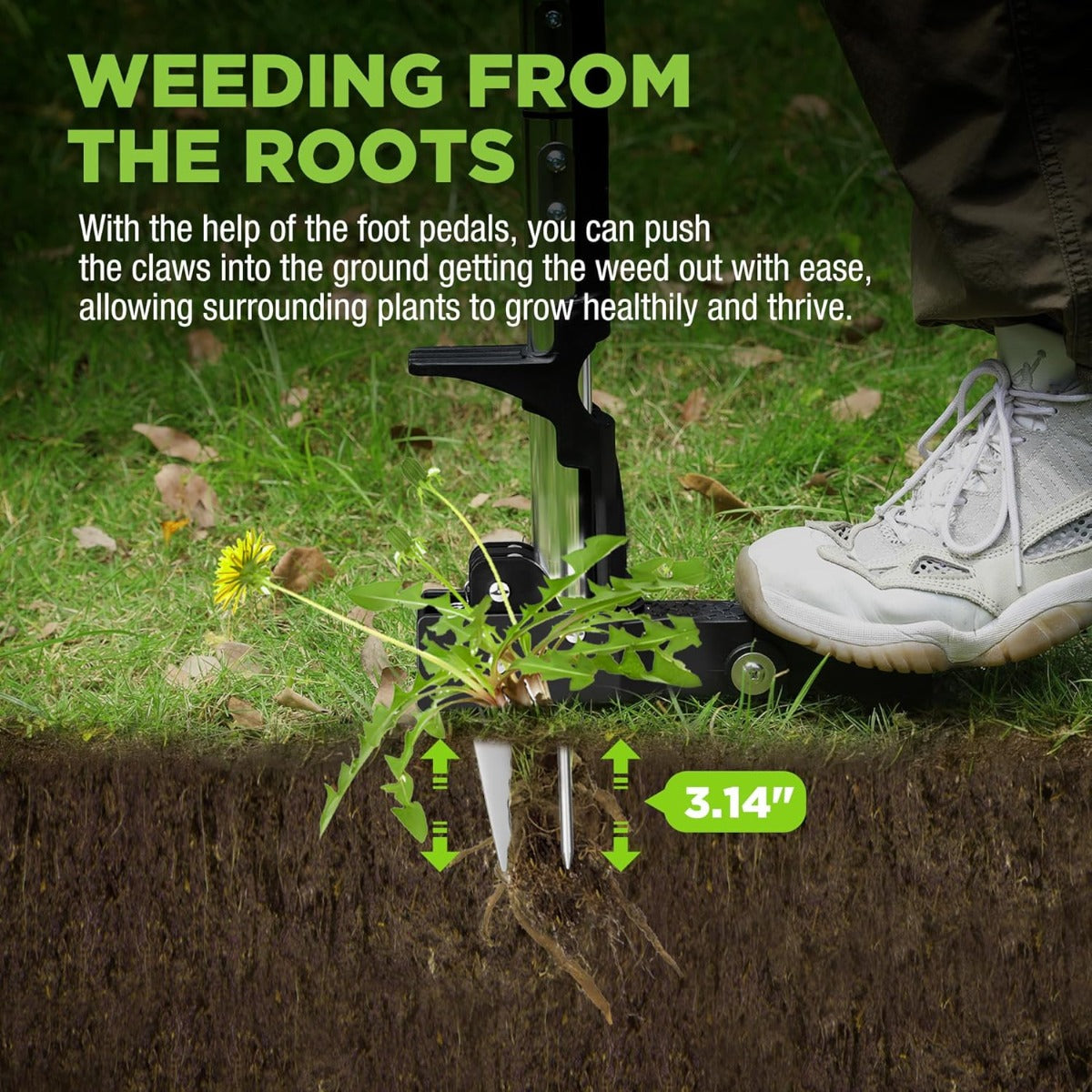 Stand-up root weed remover tool with foldable foot pedal and 4-claw steel prongs