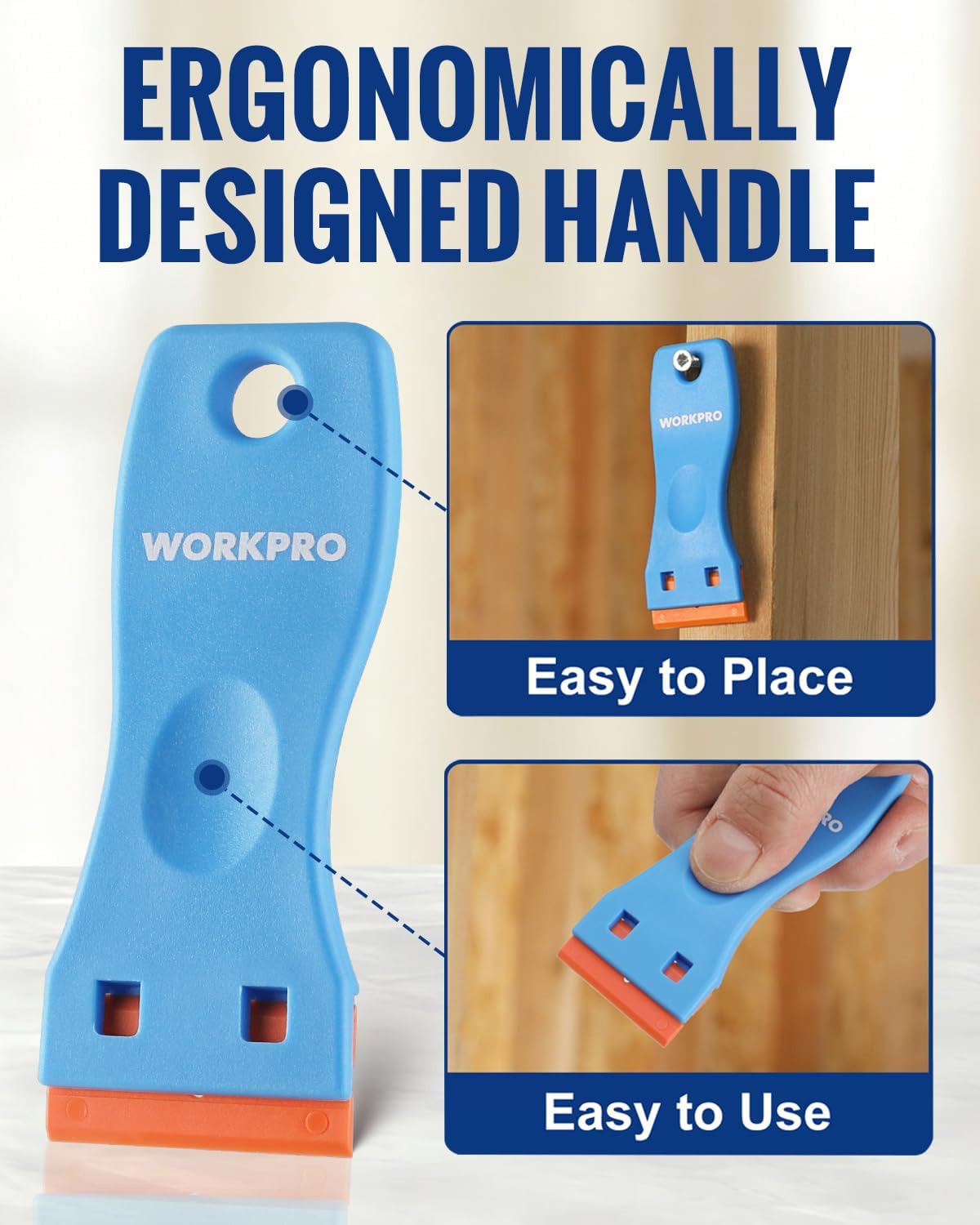 Ergonomic plastic razor scraper handle in blue with orange blade holder for easy grip