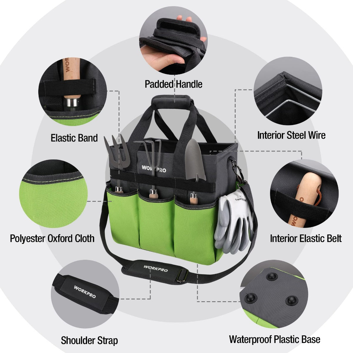 Green and black heavy-duty tote bag with padded handle, elastic belt interior, and steel wire