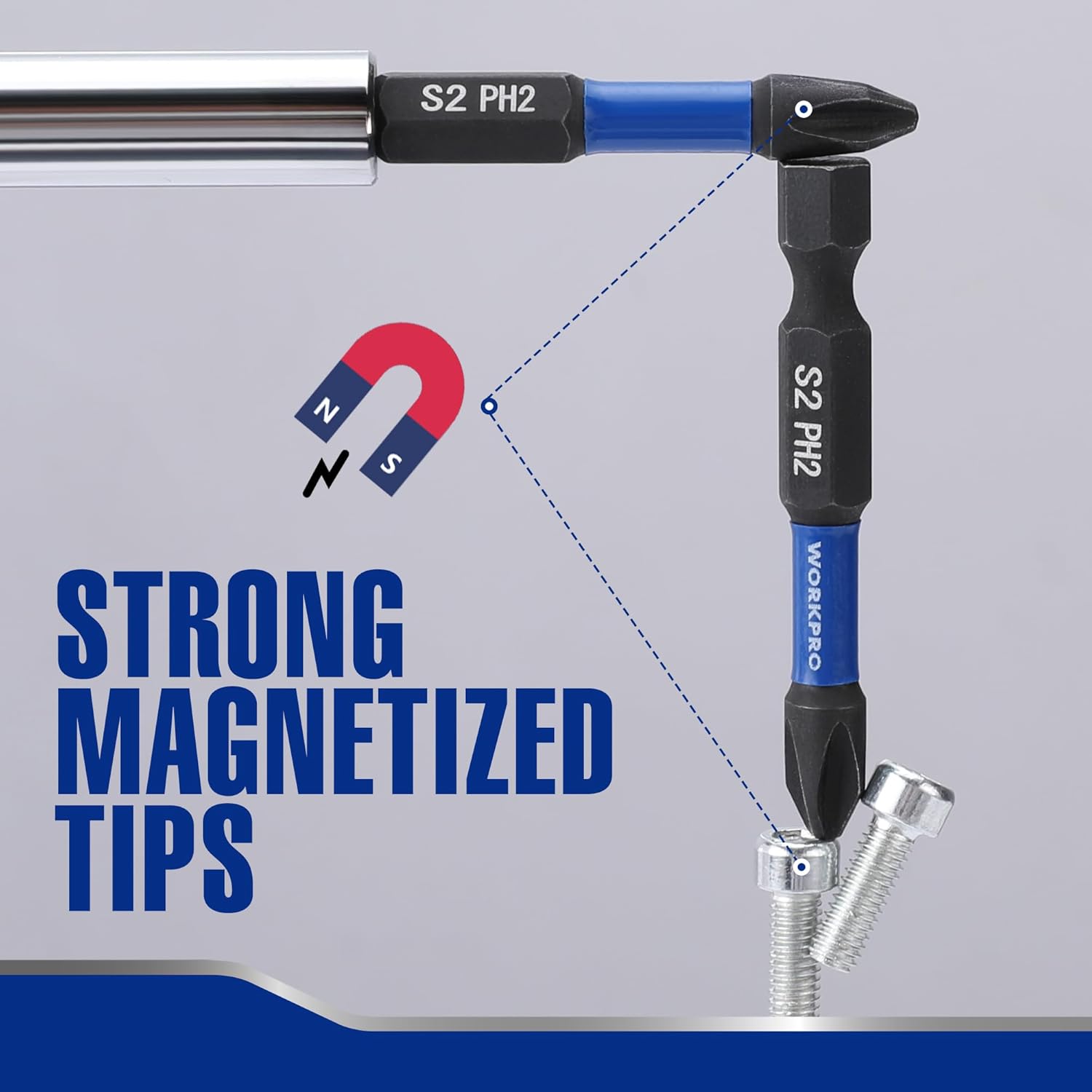 Magnetized PH2 impact screwdriver bit with 1/4 in hex shank, blue handle