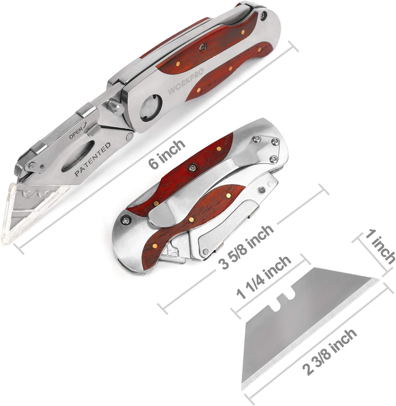 Folding utility knife with silver blade and red wood-grain handle, back lock design