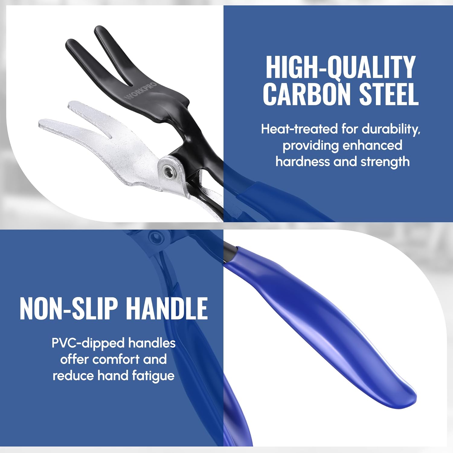 Car hose removal pliers with blue non-slip handle and black comfort grips