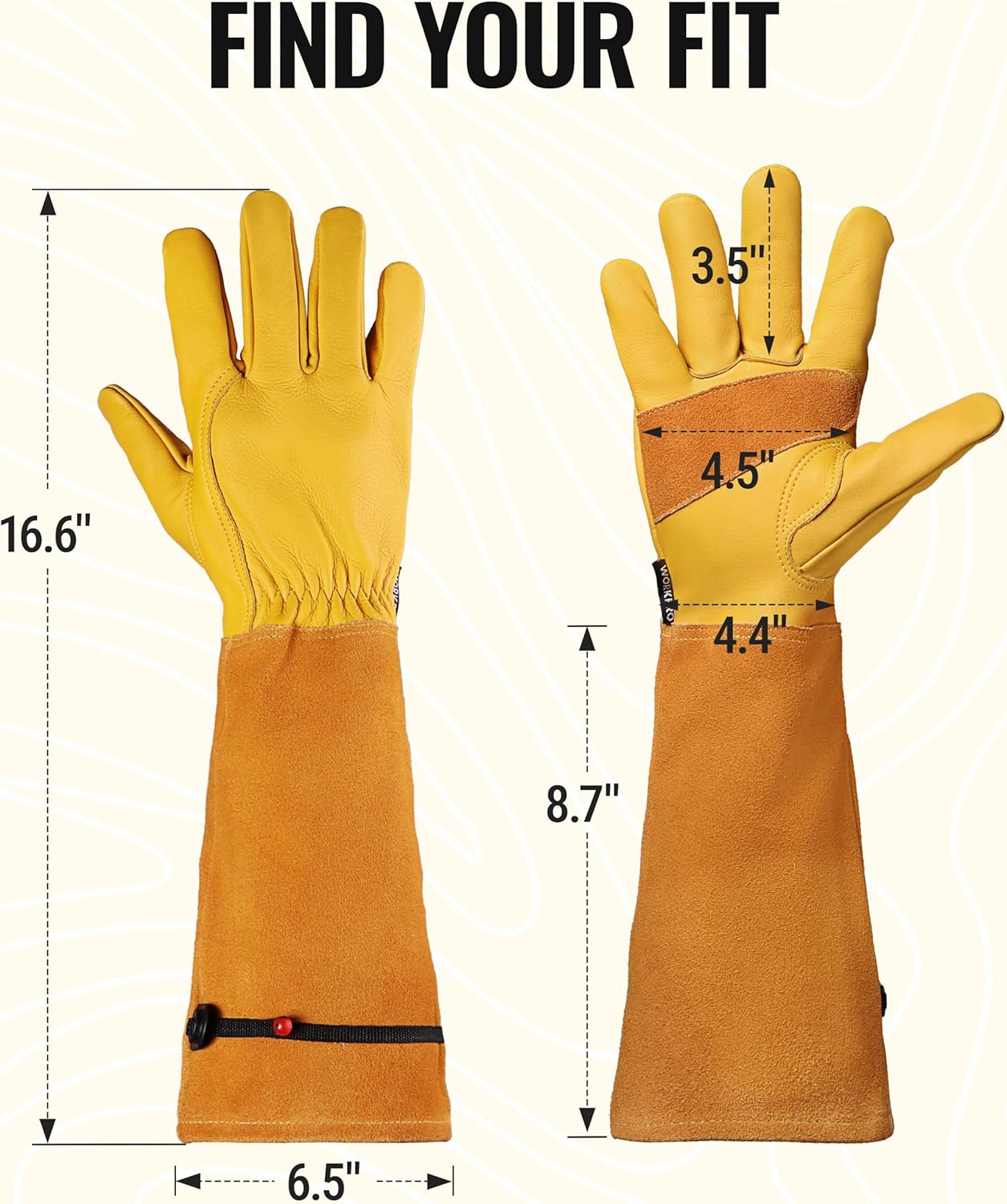 Long gardening gloves with yellow palms, brown leather forearms, and wide cuff strap