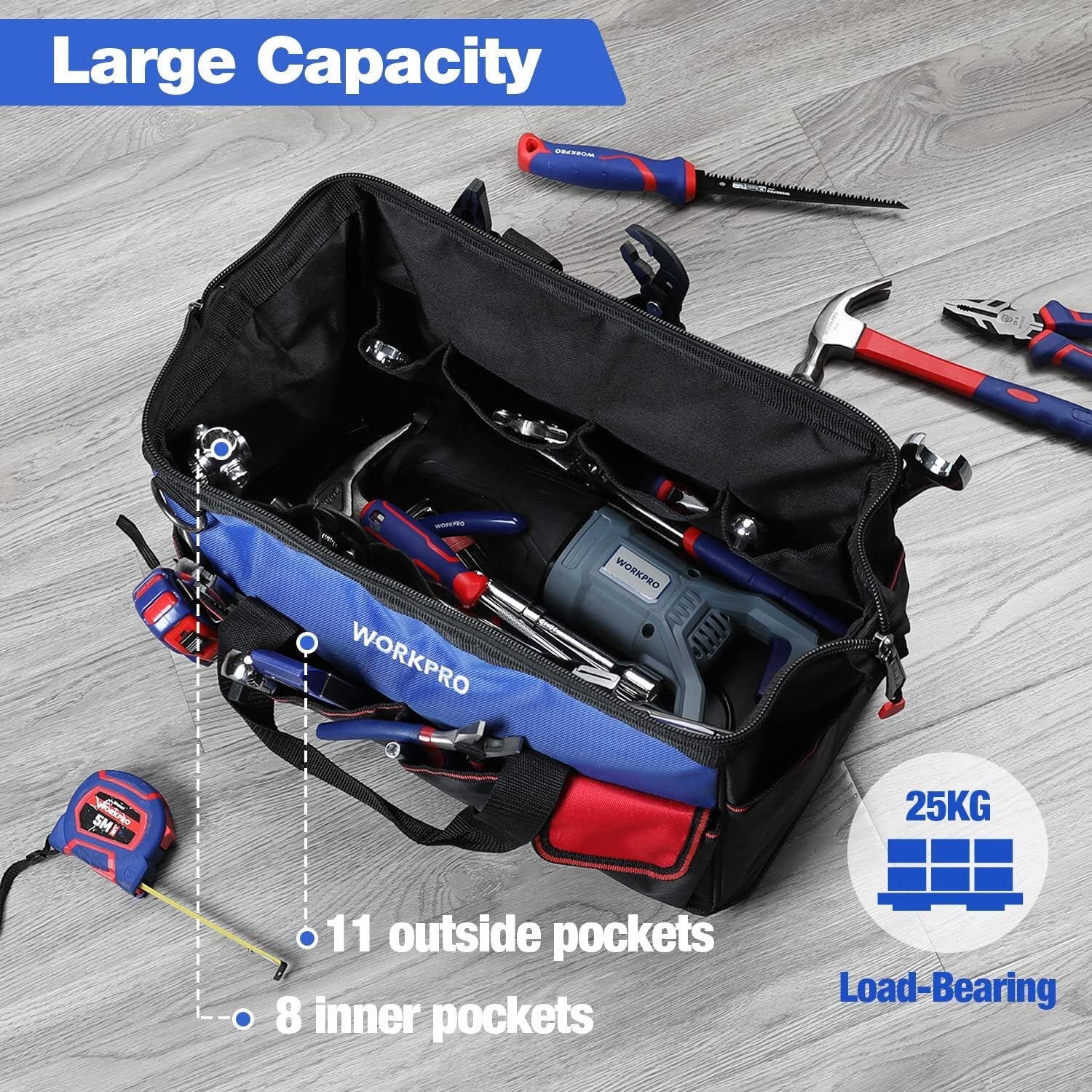 WORKPRO 18" Tool Bag Tool Tote Waterproof with Base and Adjustable Shoulder Strap