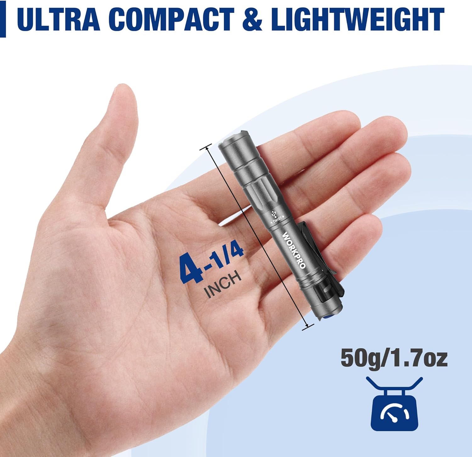 Ultra-compact gray rechargeable pen light held in hand, pocket-size