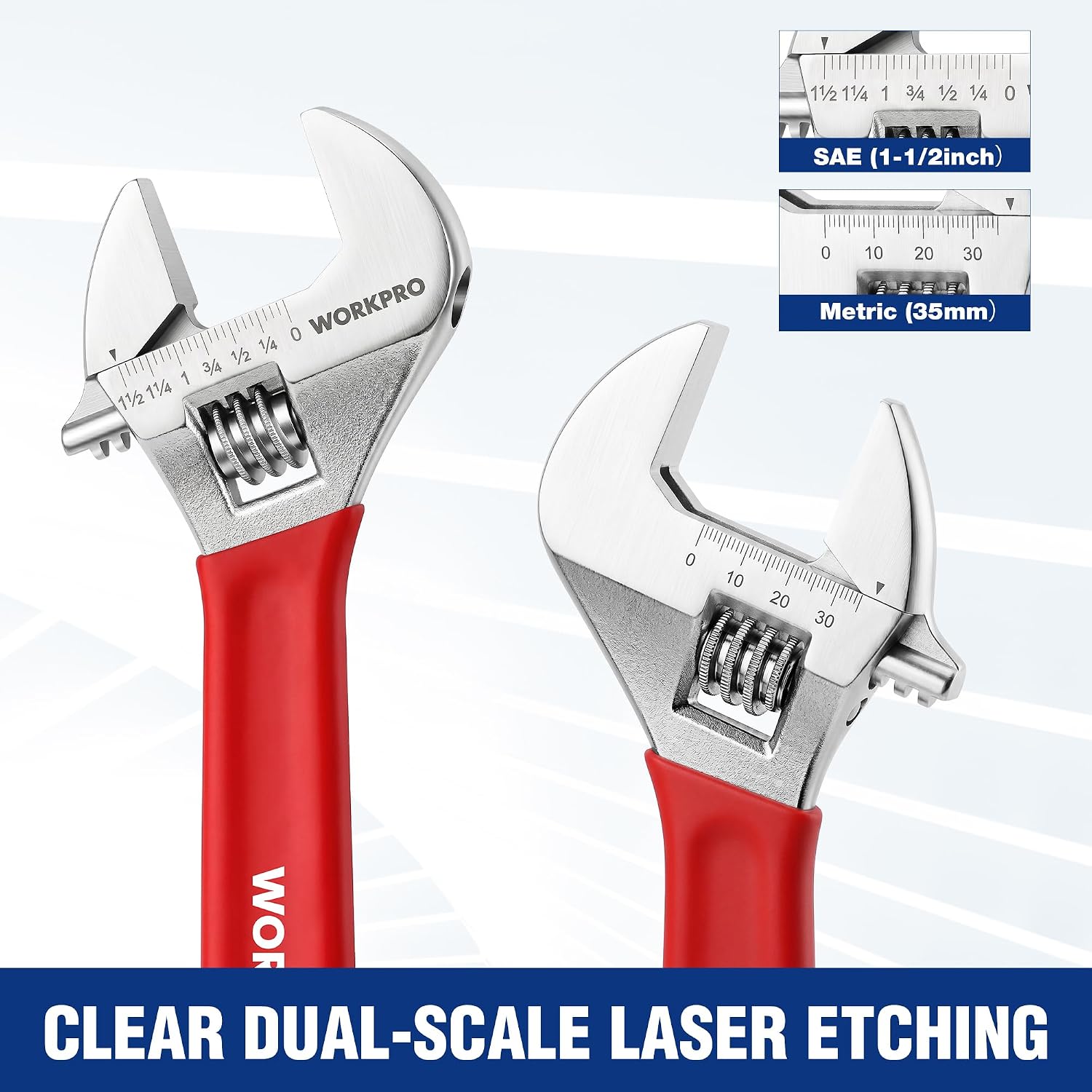 Red adjustable wrenches with wide jaws and SAE inch plus metric mm scales