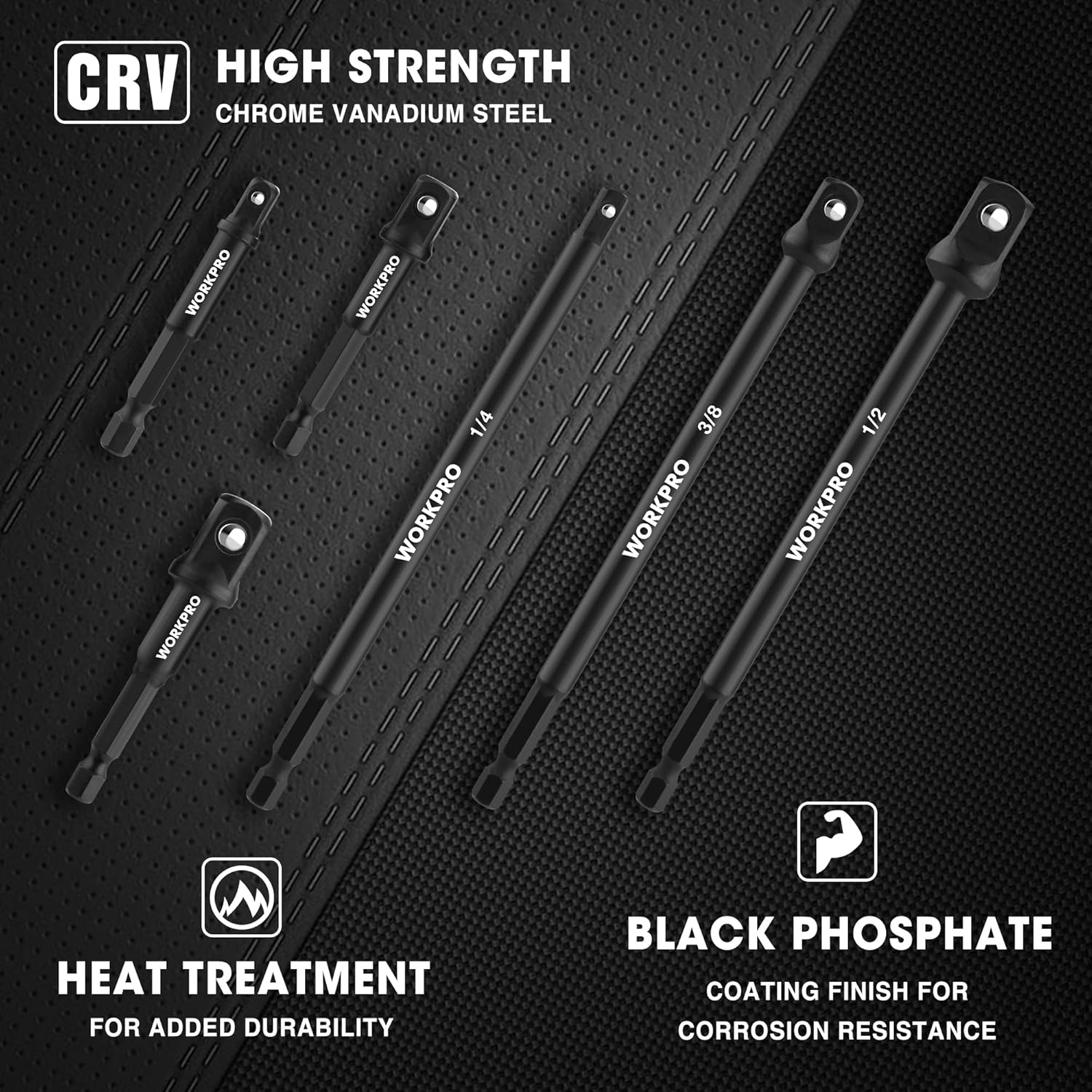 Black CRV socket adapter extensions with heat-treated, black phosphate coating finish
