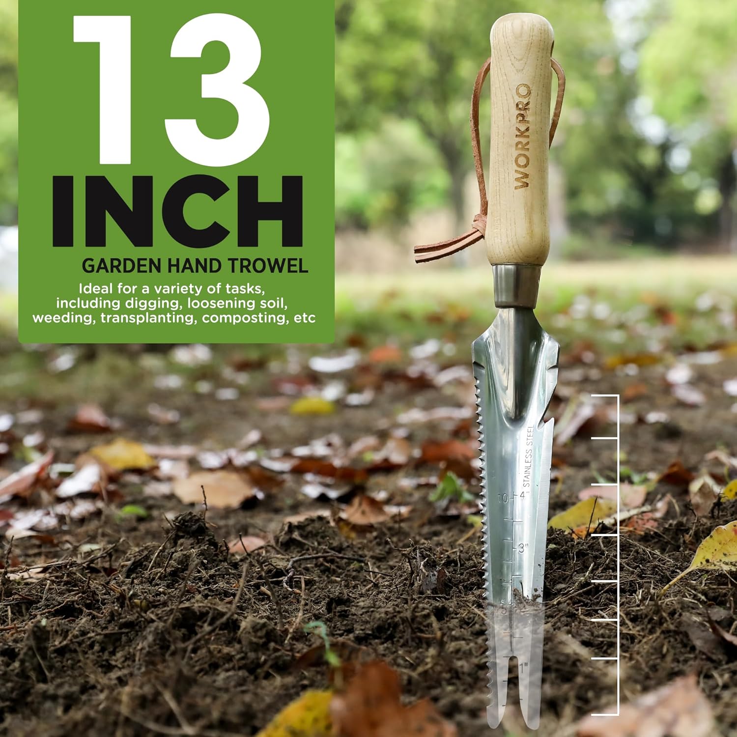 13-inch stainless garden hand weeder puller with ash wood handle and multiple prongs and edges