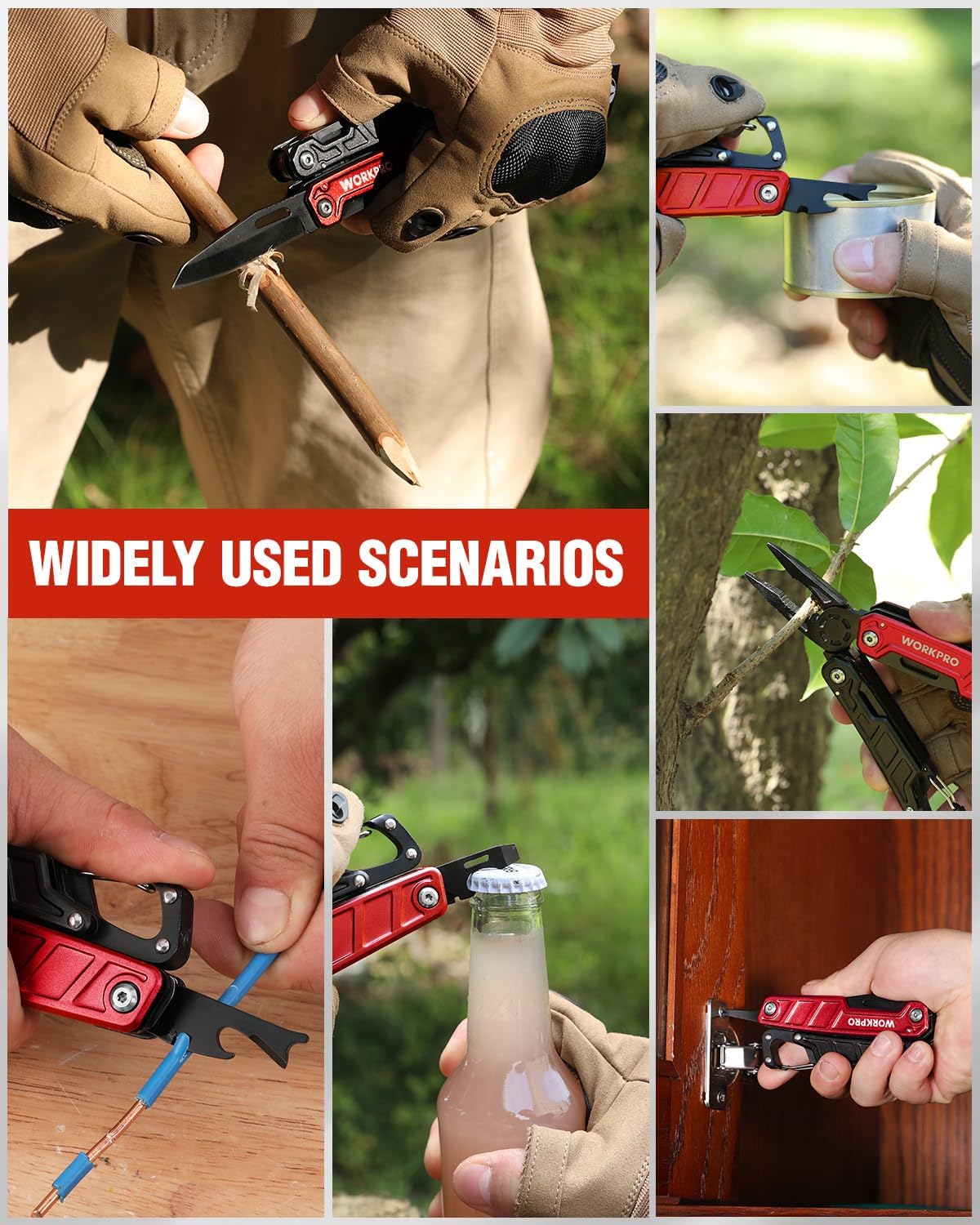 Red-and-black multitool pliers extended from glove, ready for tools and cutting