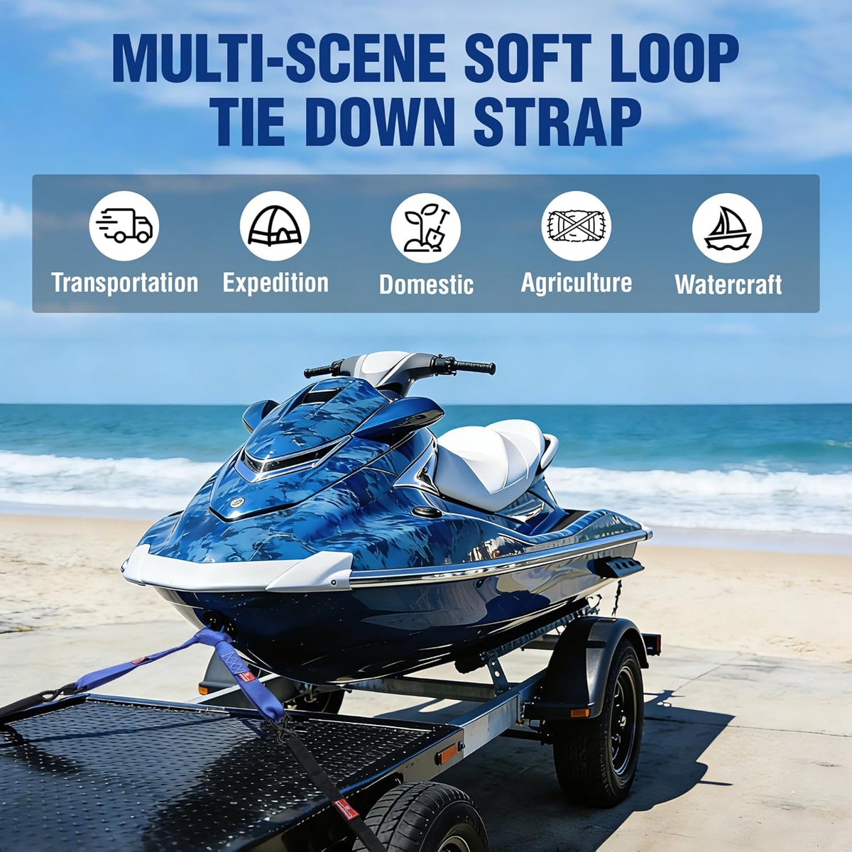 Blue soft loop tie-down strap for securing equipment, with soft loop ends