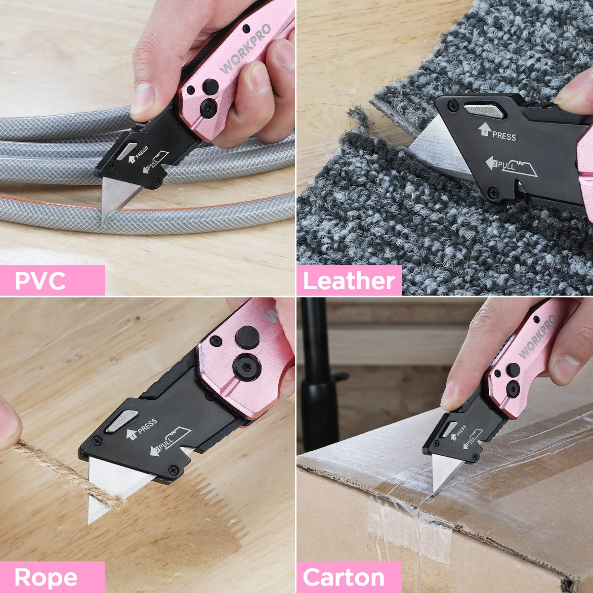Pink folding utility knife cutting through PVC, leather, rope, and carton