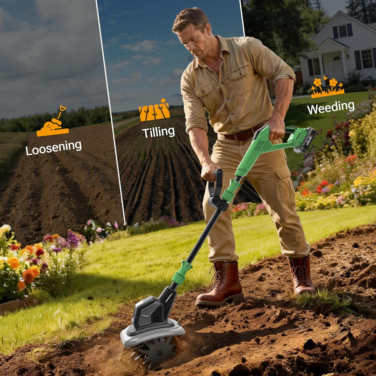 Cordless electric garden cultivator with green shaft and black tilling head on soil