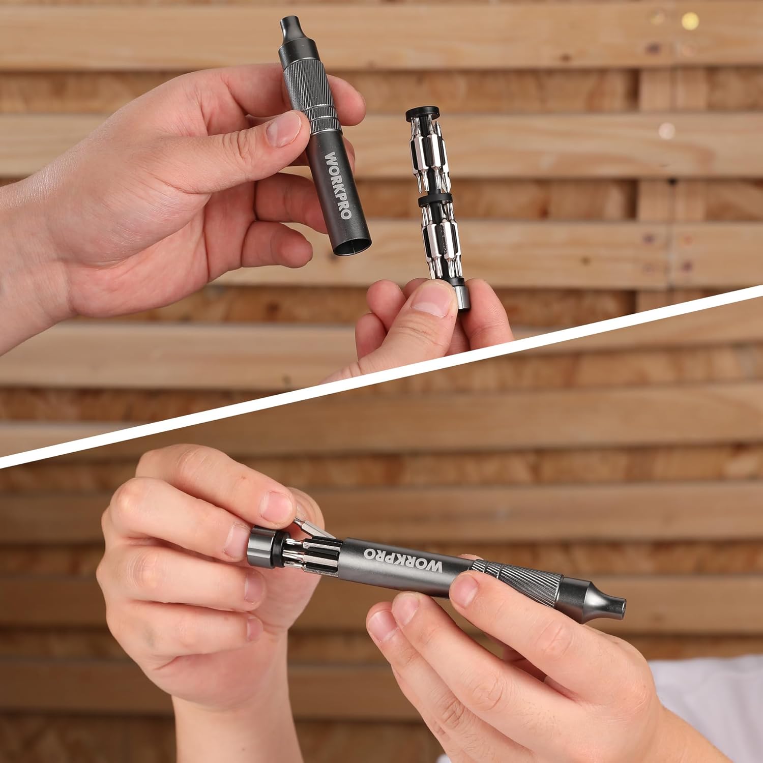 WORKPRO 24-in-1 mini screwdriver set with magnetic bit driver, held in hands
