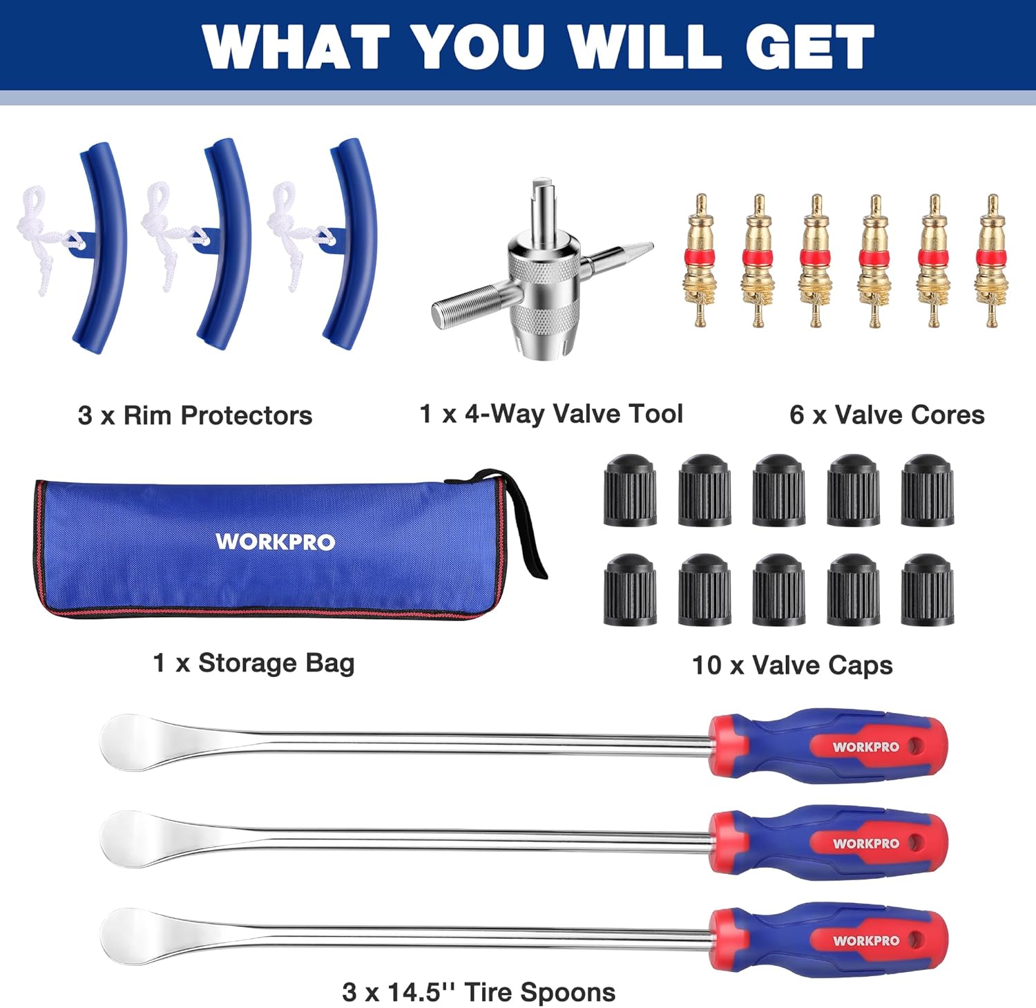 WORKPRO tire tool set contents: rim protectors, 4-way valve tool, valve cores, bag