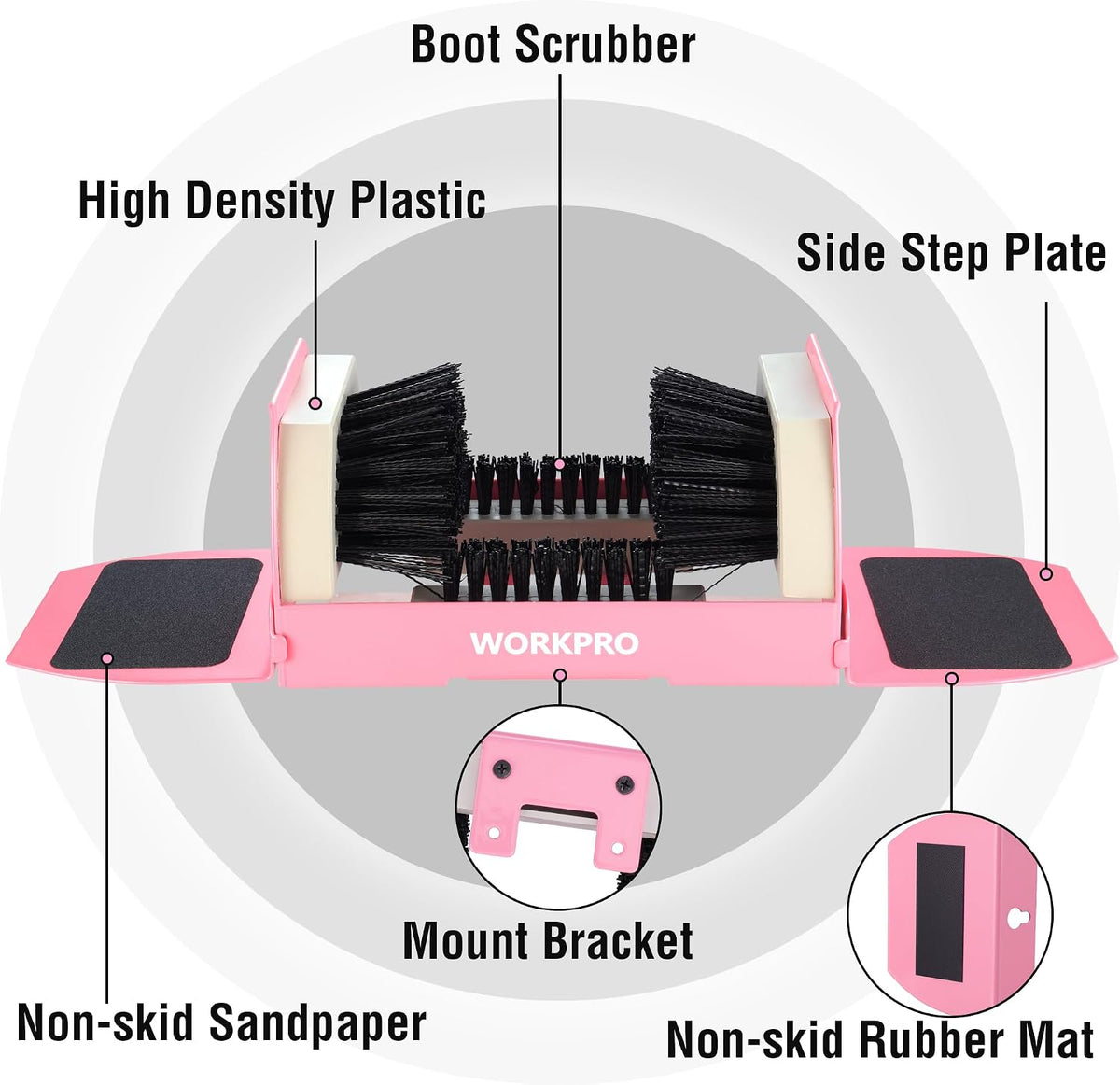 WORKPRO pink boot scrubber with plastic bristles and side step plate for heavy duty shoe and boot cleaning