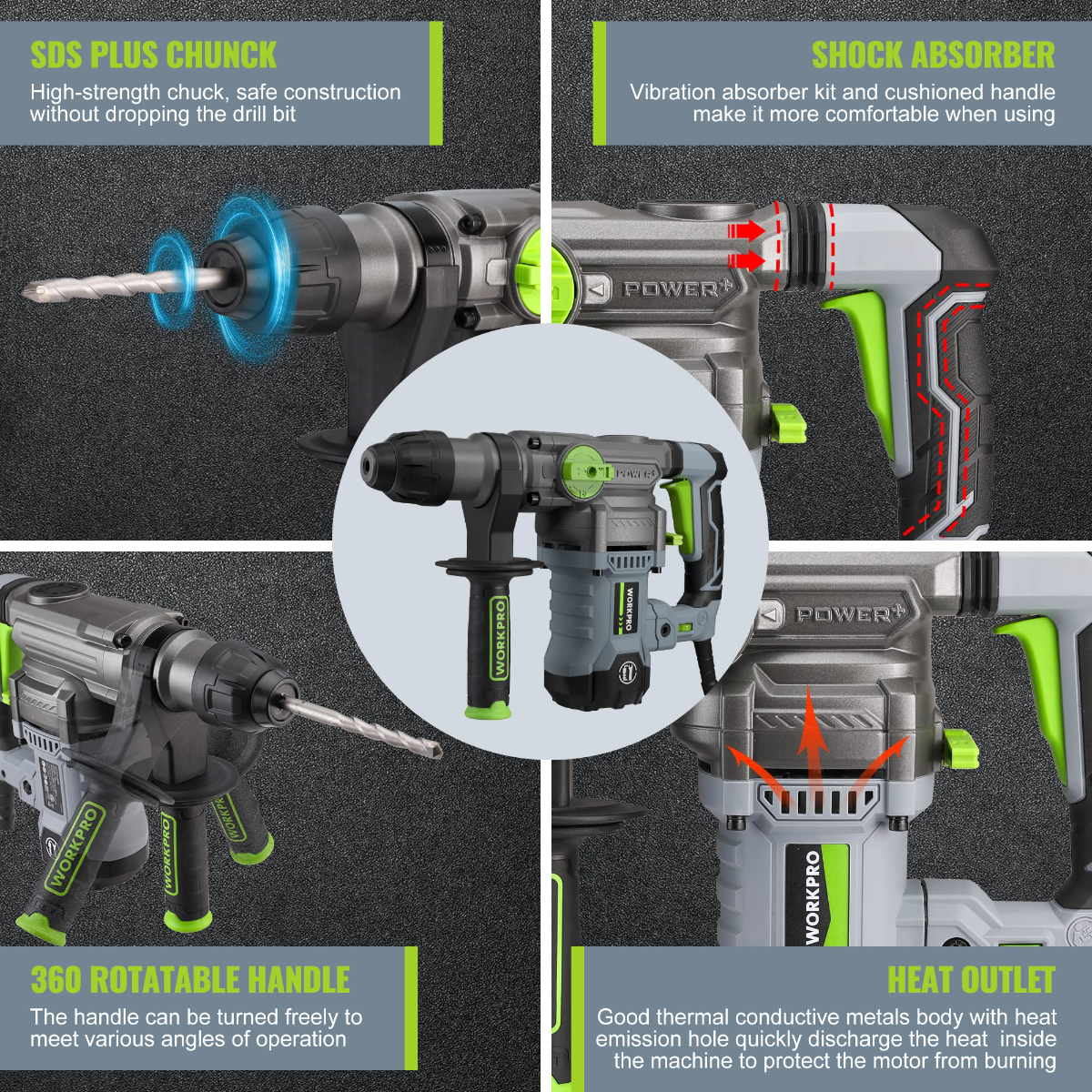 WORKPRO corded SDS-Plus rotary hammer drill with side handle and chuck, green accents