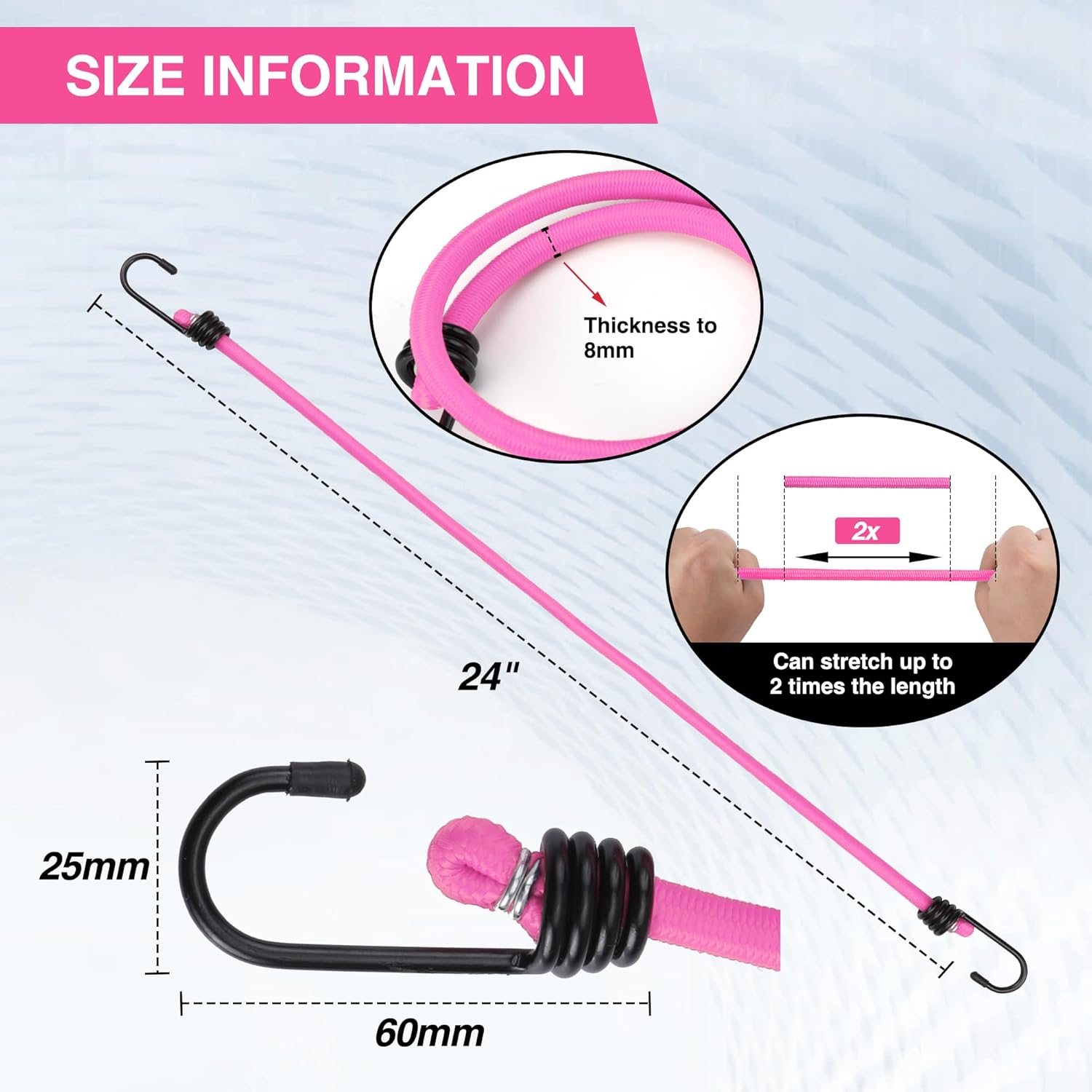24-inch pink bungee cord set with black J hooks and elastic rubber core