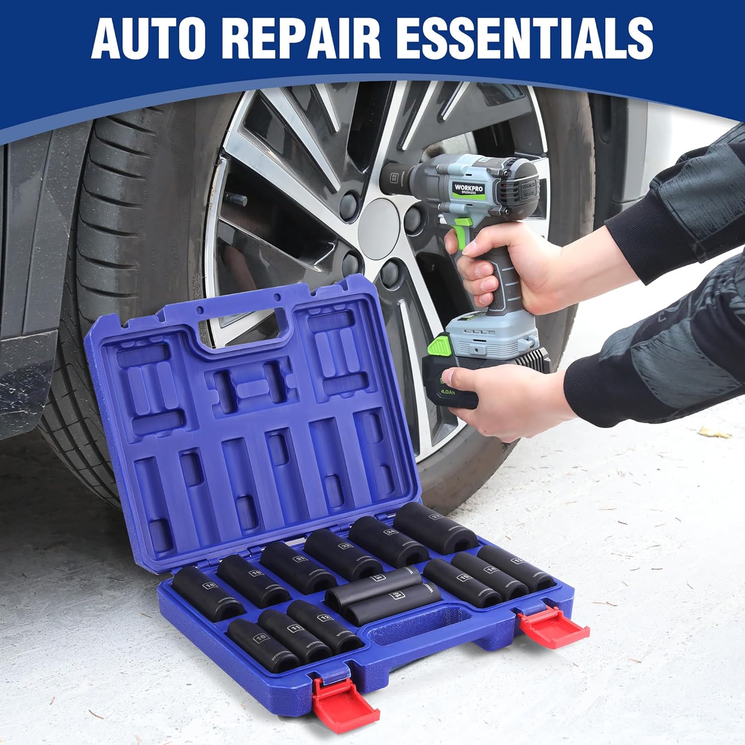 Blue case open with black 1/2 in drive deep impact sockets, ready for use