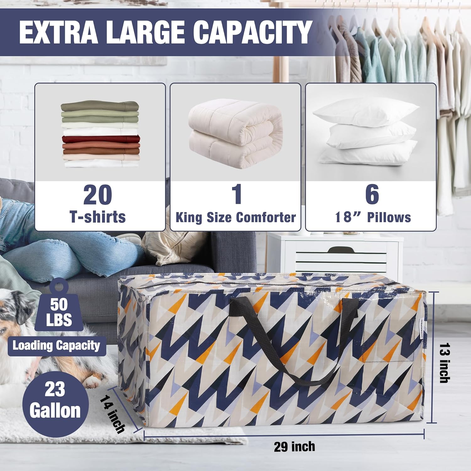 Pack of extra large moving bags with zigzag alphabet print, top zipper, roomy storage