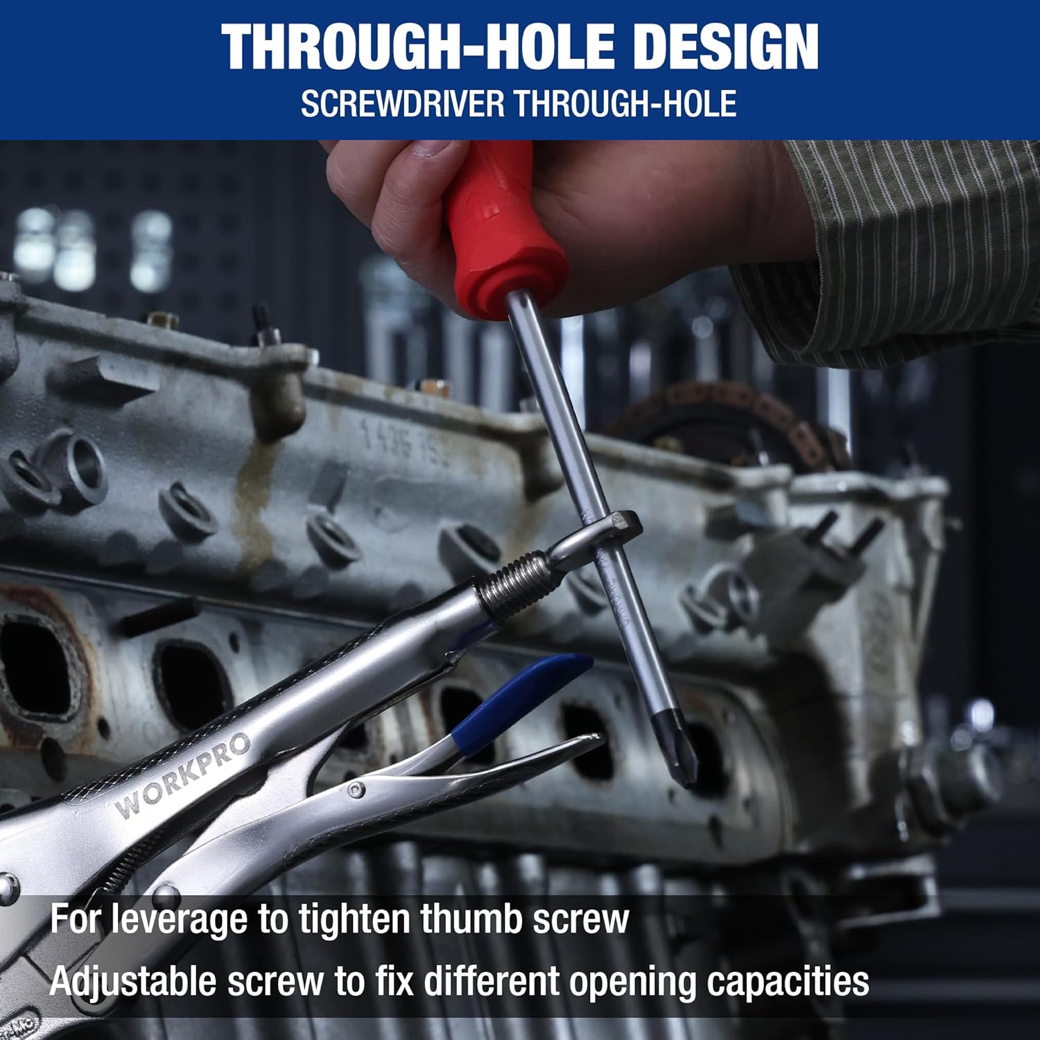 WORKPRO screw extractor pliers inserting a rod tool into an auto workshop setup