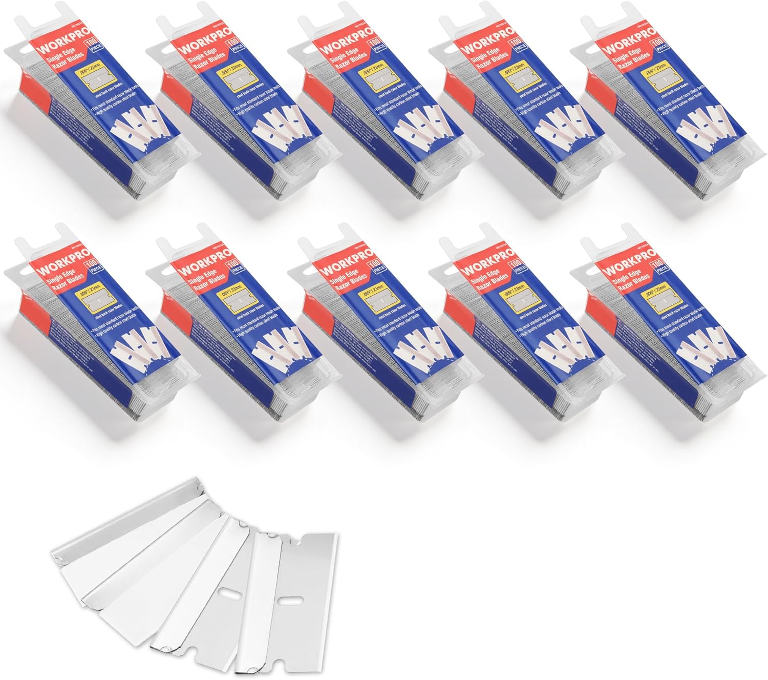 WORKPRO single-edge razor blades in blister packs, high carbon steel (1000)