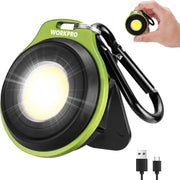 Green and black COB keychain work light with metal carabiner and clip handle