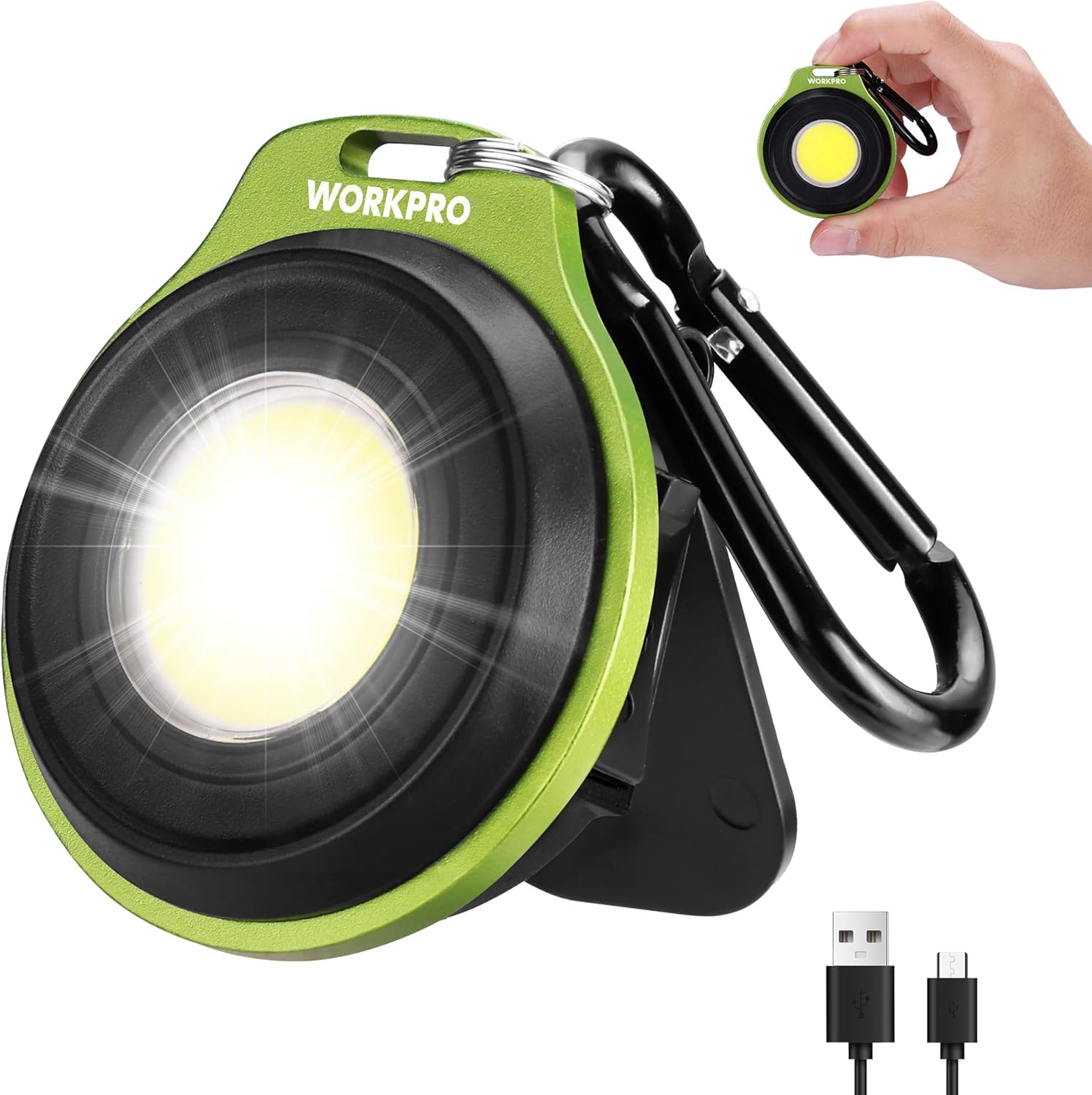 Green and black COB keychain work light with metal carabiner and clip handle