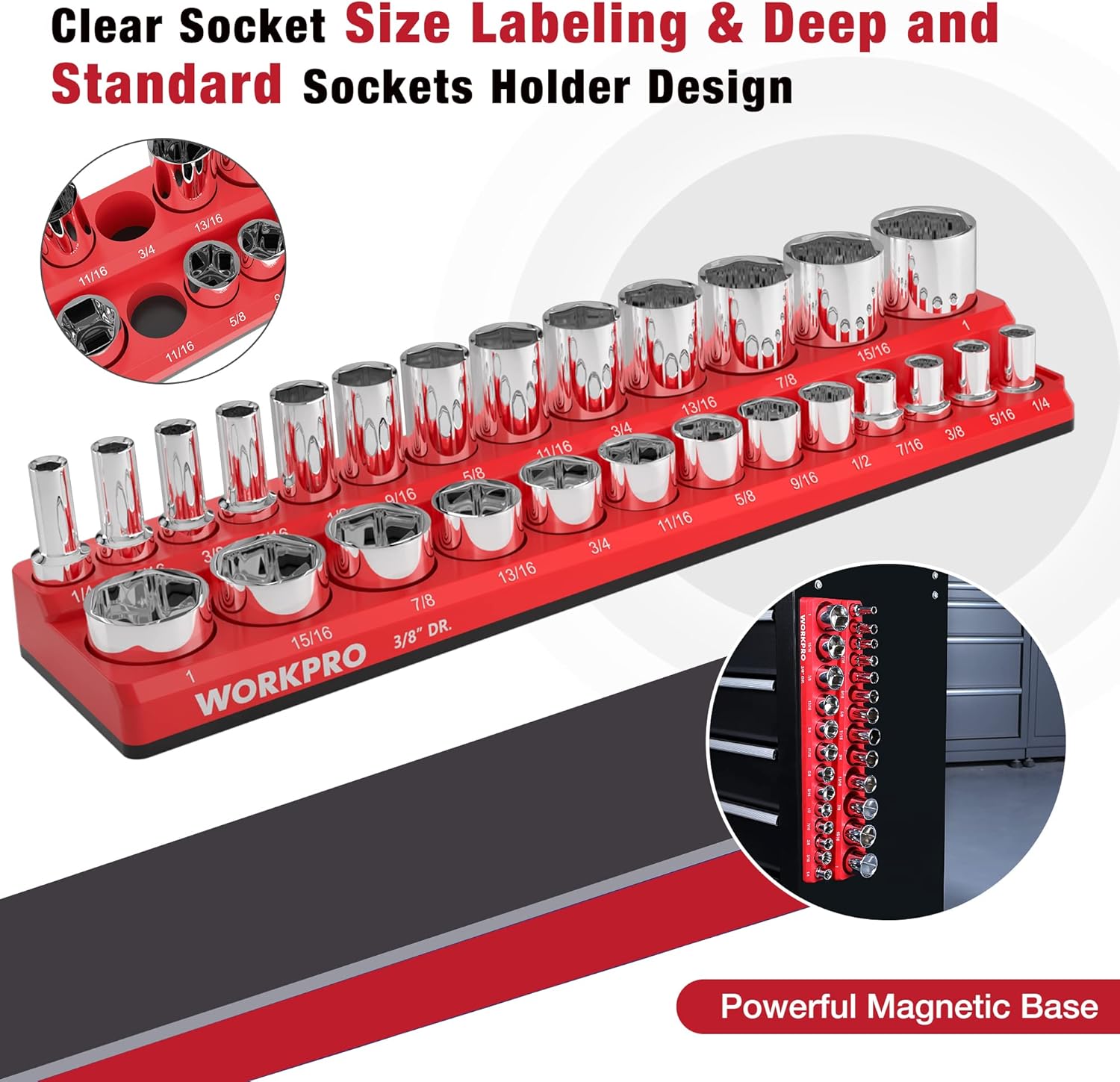 Red 3/8 drive socket organizer tray with chrome sockets, deep and standard slots