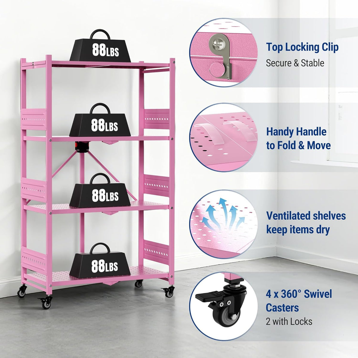 Pink 4-tier folding metal storage rack with perforated shelves and lockable swivel casters