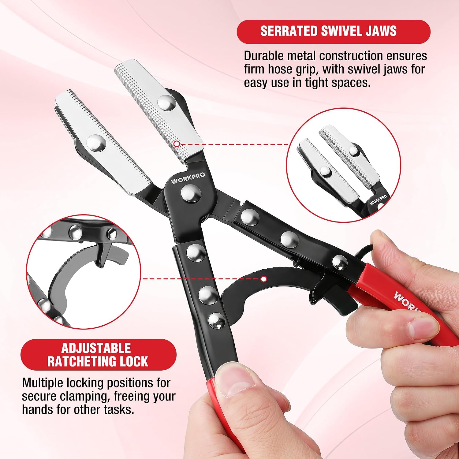 Ratcheting hose pinch-off pliers with serrated swivel jaws, black body and red handles