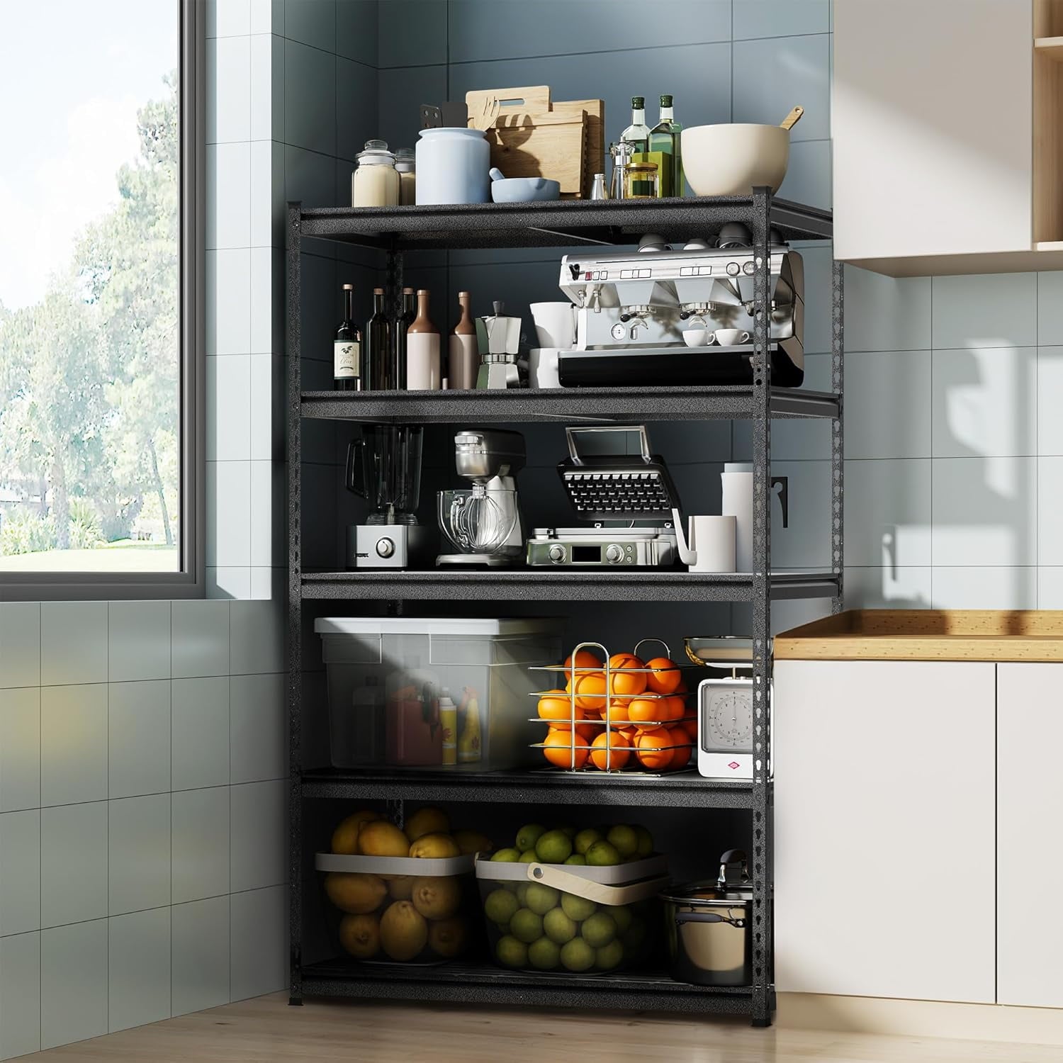 Black metal pantry storage rack with cookware and food items on wire shelves.