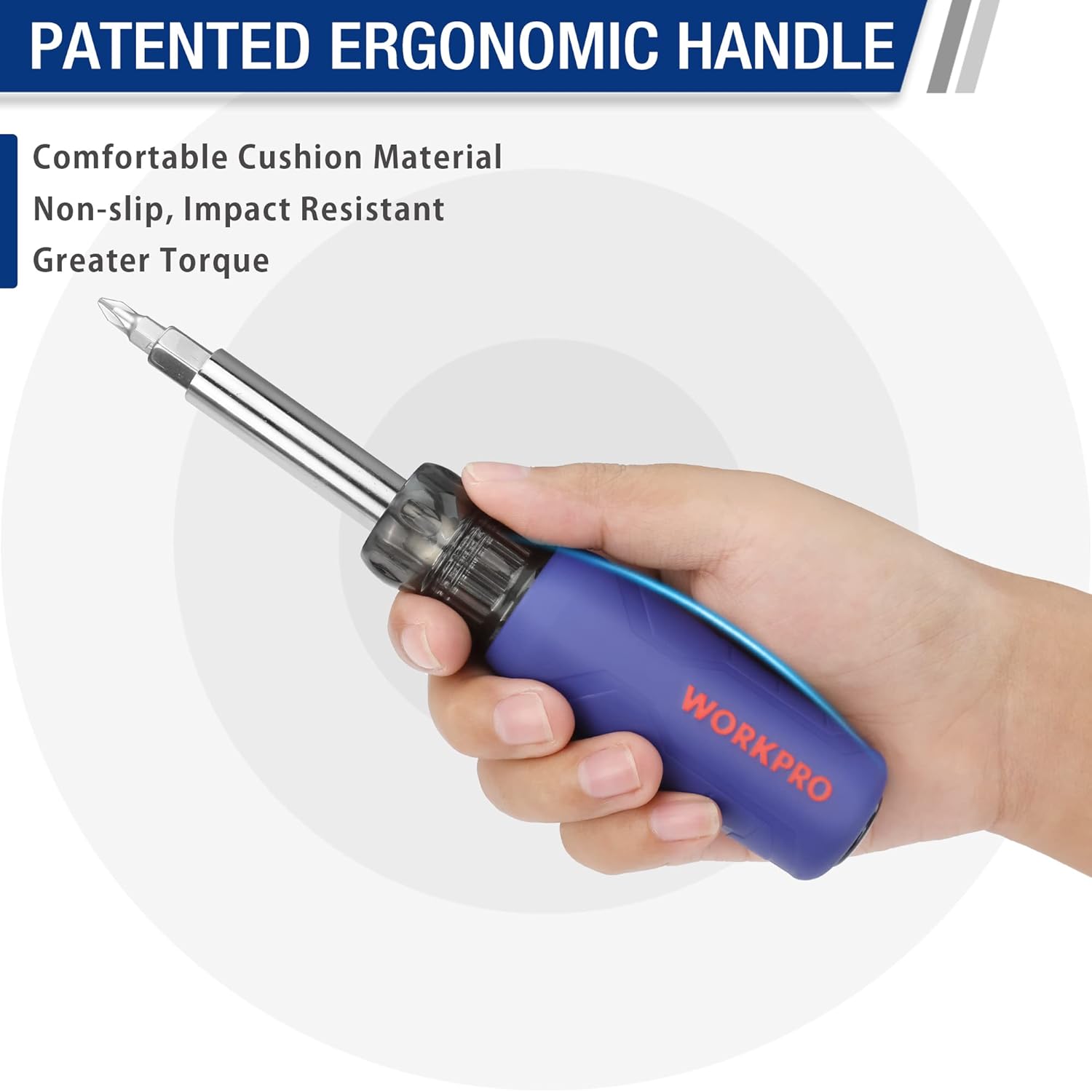 Ergonomic screwdriver with blue non-slip handle and chrome shaft, held in hand