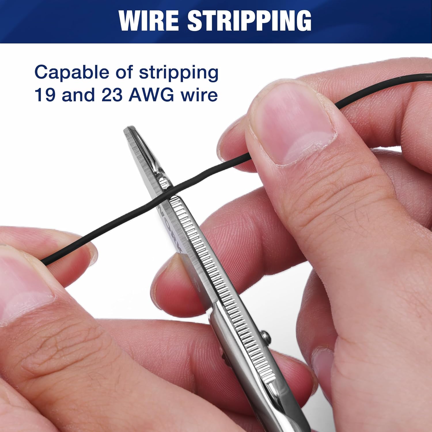 WORKPRO electrician scissors showing wire-stripping groove markings on the blade.