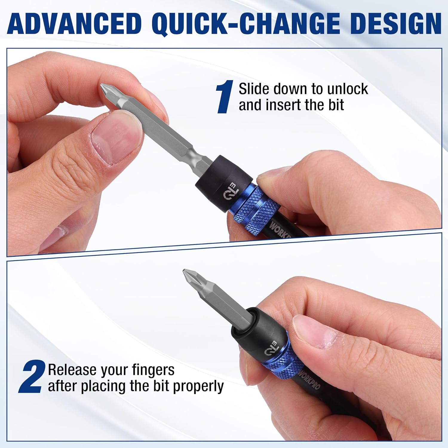 Quick-change drill bit extension adapter with slide-to-unlock sleeve and hex shank
