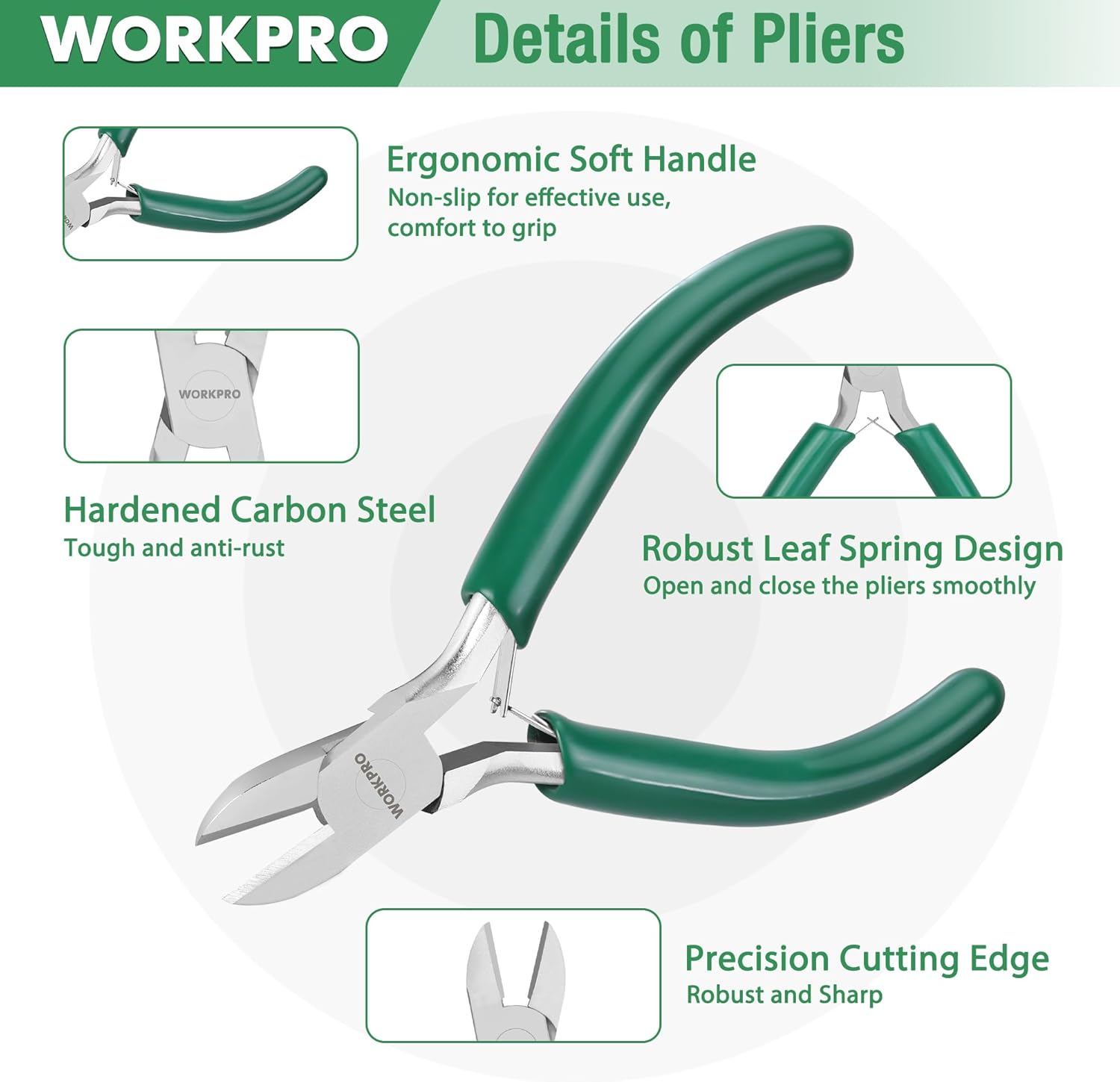 Jewelry pliers set detail view with green handles, hardened carbon steel jaws, ergonomic soft grips