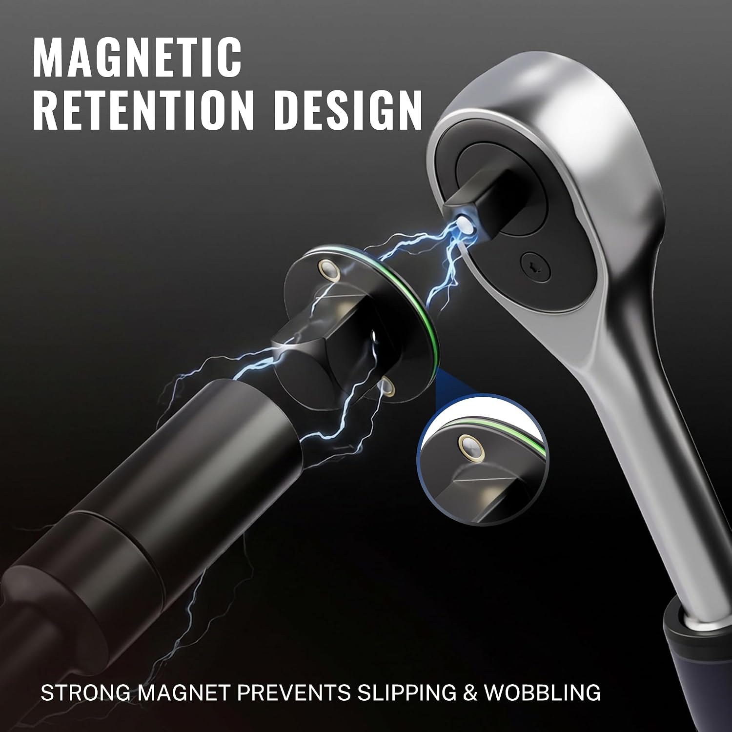 Metal socket adapter with magnetic retention, short extension and glowing charge effect