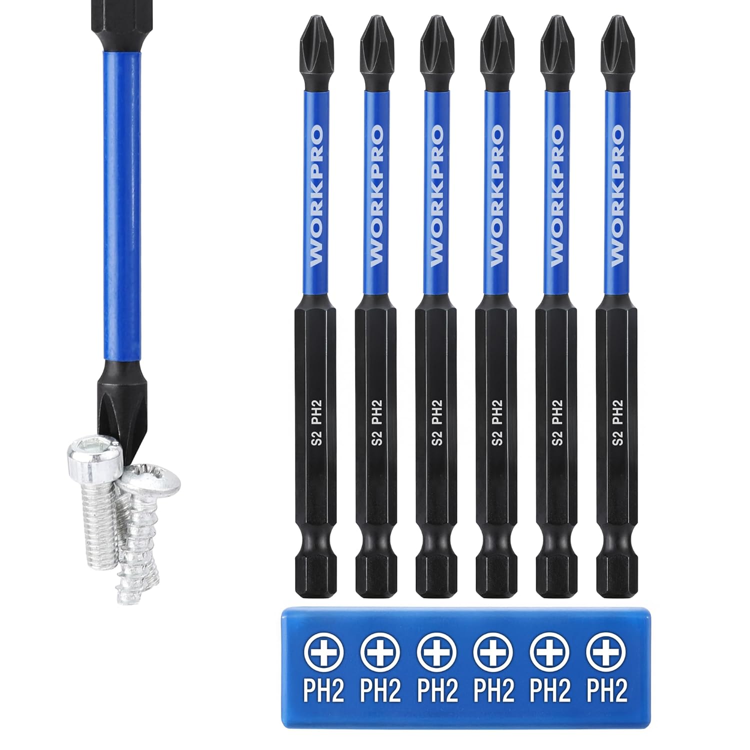 WORKPRO PH2 impact screwdriver bit set, 1/4 in hex shank, 6-piece holder, blue tips