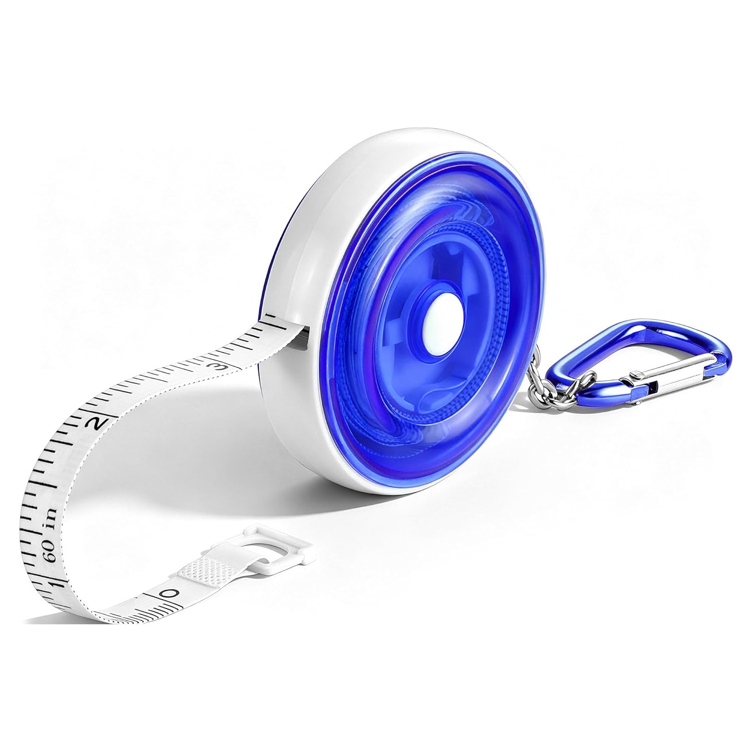 Blue retractable tape measure with white case and carabiner clip