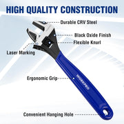 Adjustable wrench with blue ergonomic grip and black oxide jaw, hanging hole
