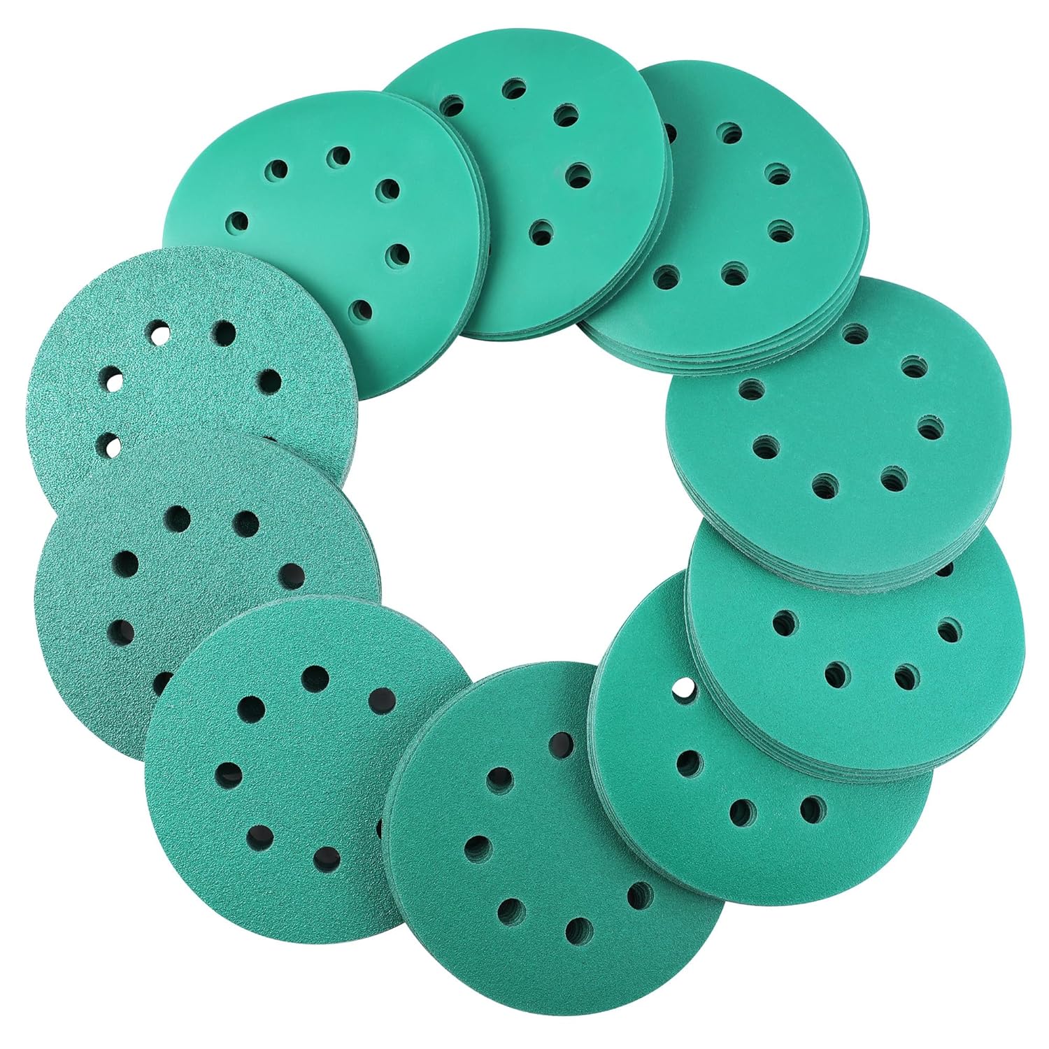 Green 8-hole hook-and-loop sanding discs, assorted pack with multiple grits