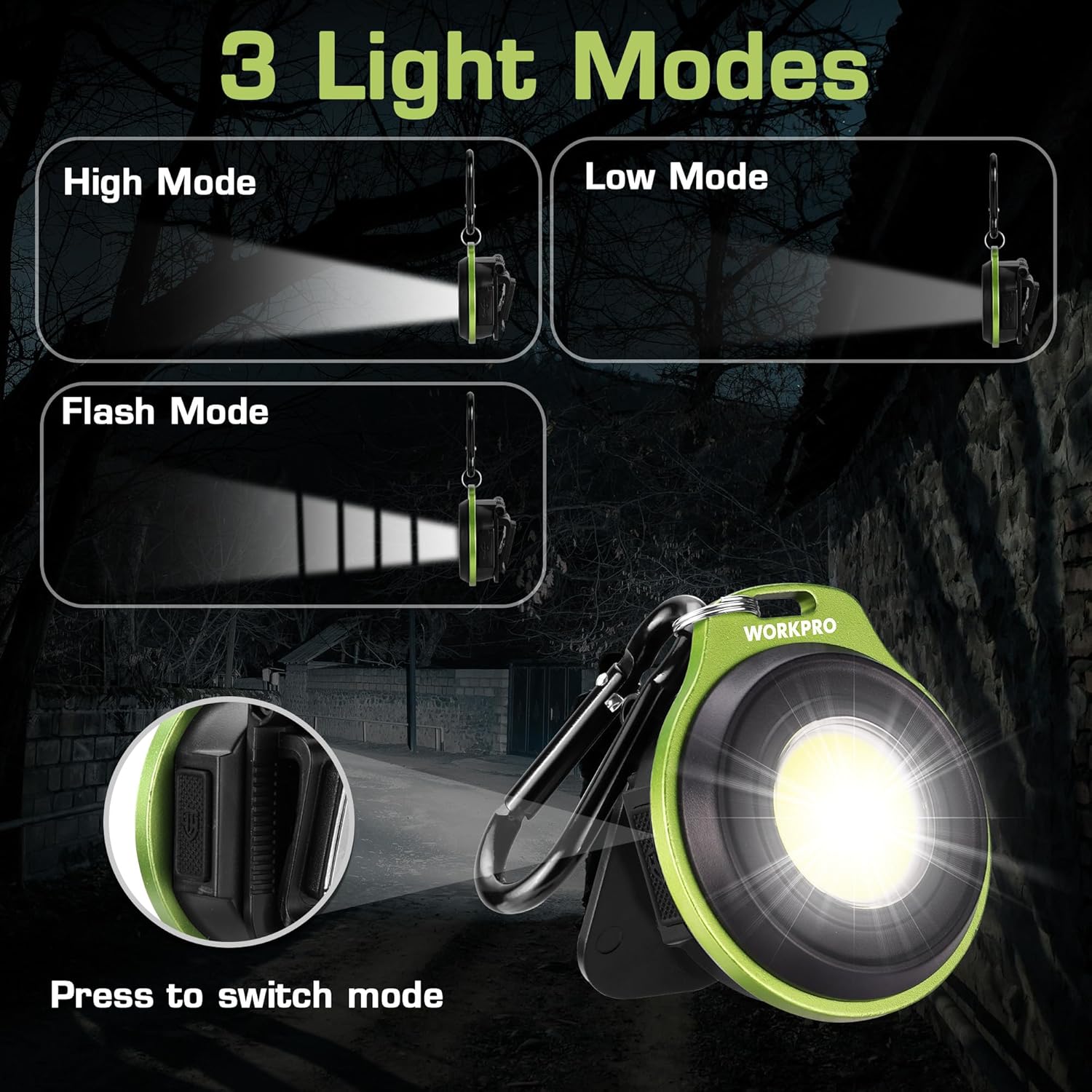 Green and black mini keychain flashlight with hanging carabiner and bright COB lens