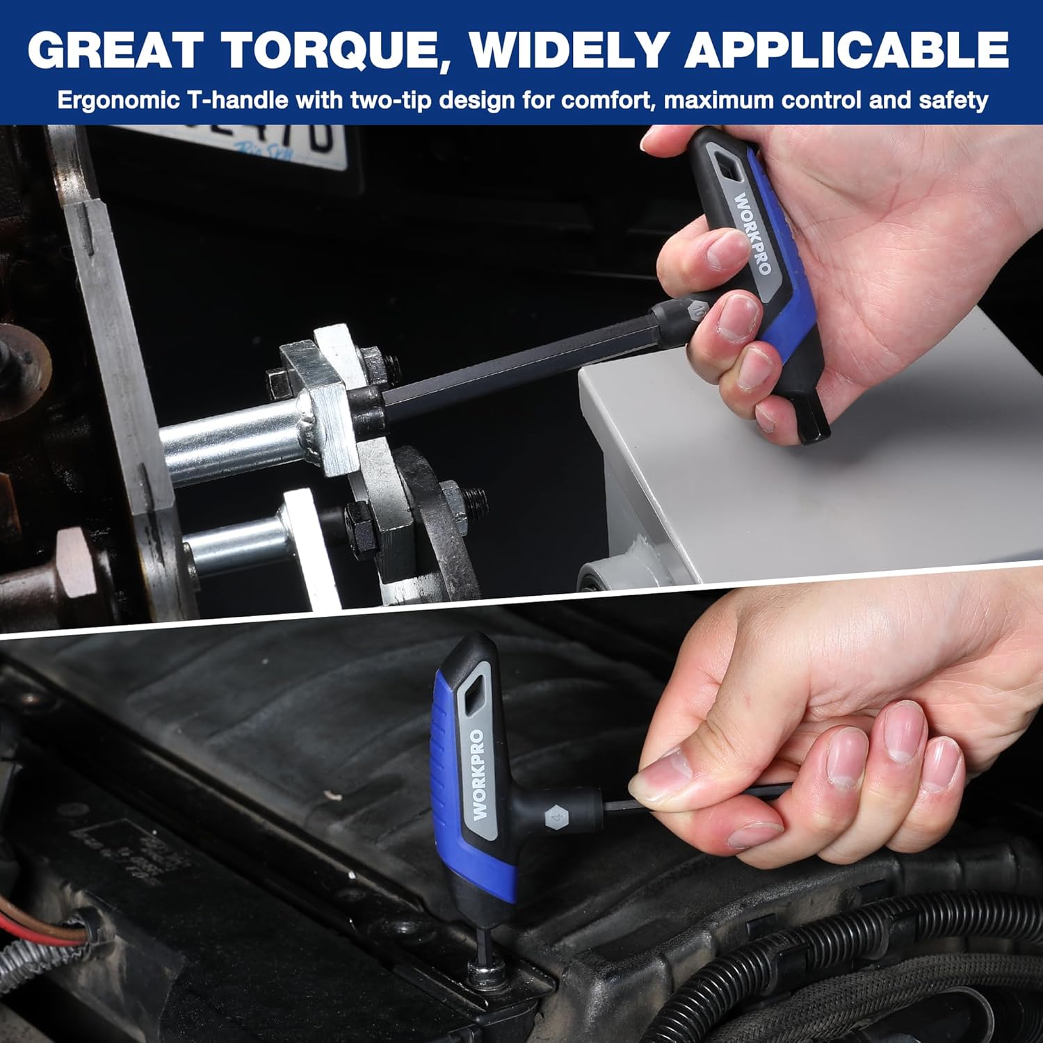 Hand using a blue and black T-handle hex wrench to tighten a bolt