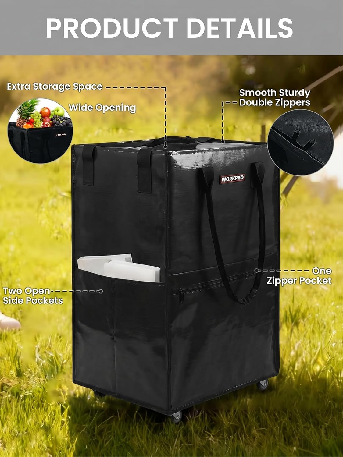 Black rolling tote with wide zipper, two side pockets, and front zipper pocket