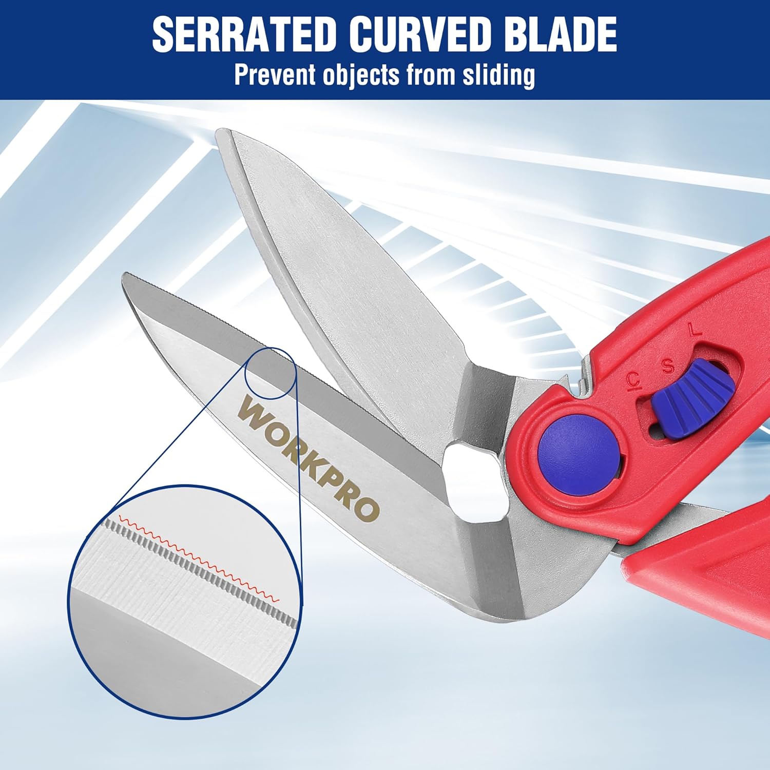 WORKPRO 10-inch scissors with curved serrated blades and red-blue ergonomic handle