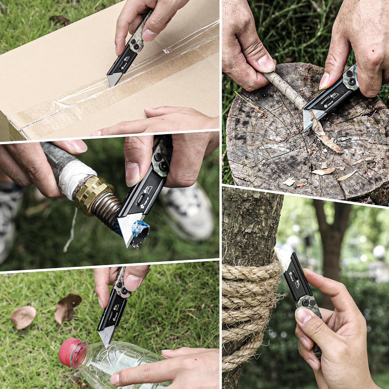Camouflage folding utility knife being used to cut cardboard and other materials