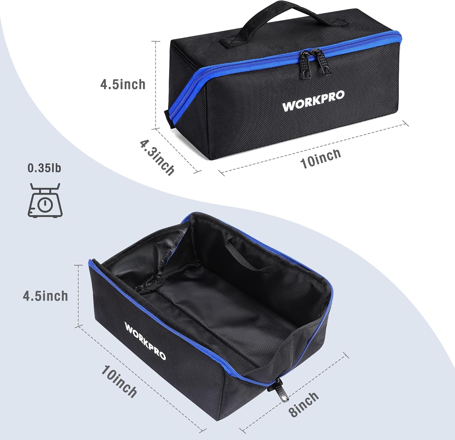 Black WORKPRO tool bag with blue trim, zip top, and reinforced carrying handle