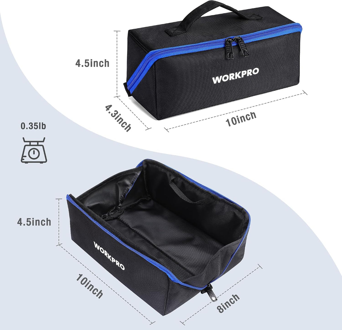 WORKPRO Tool Bag, 10" Wide Mouth Utility Tool Bag with Zipper, Heavy Duty Tool Storage Bag, Multipurpose Tool Case Small Tool Bag for Organizer