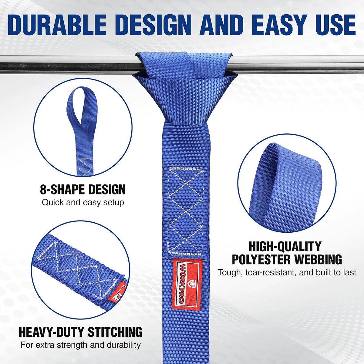 Blue polyester tie-down strap with diamond stitch pattern and soft loop end